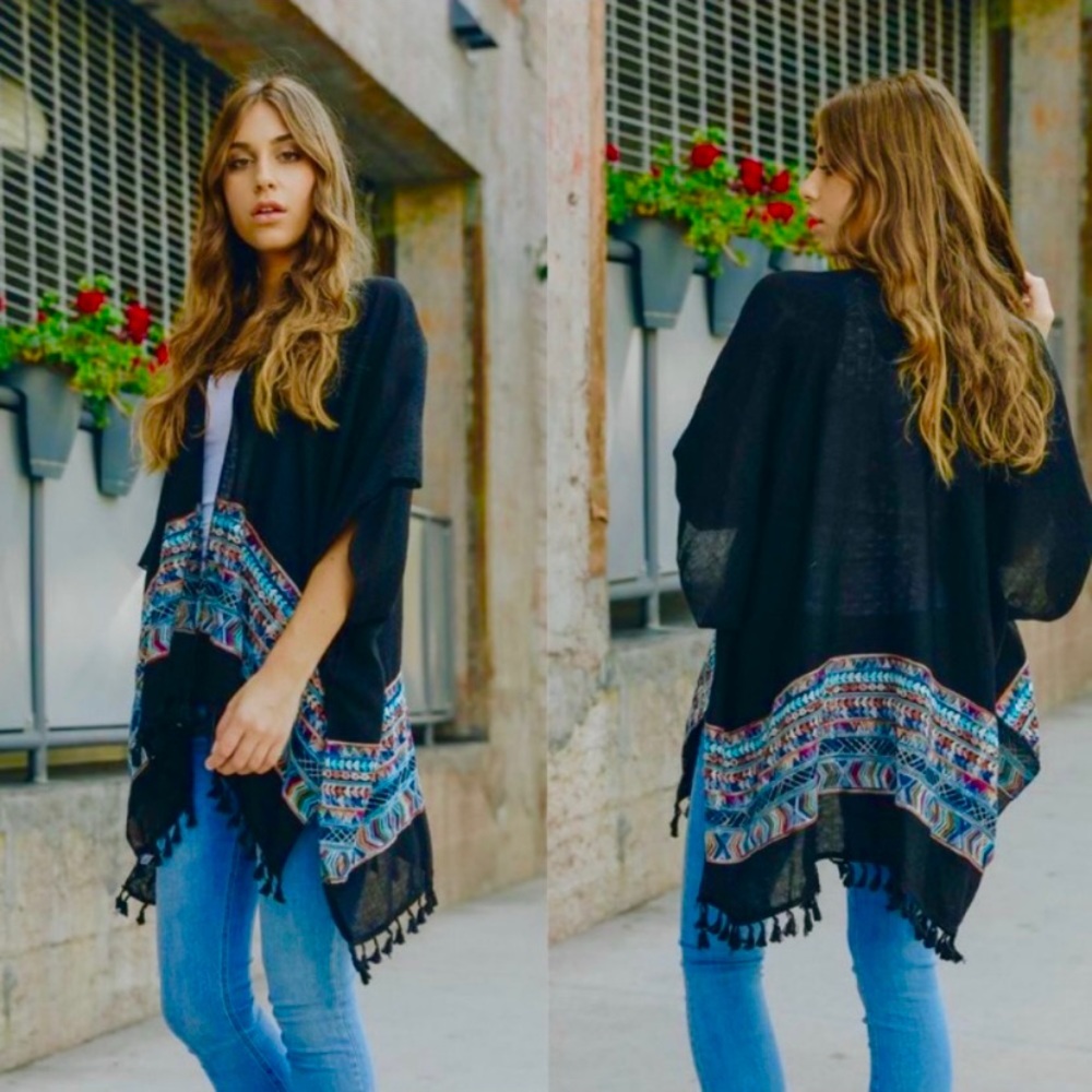 Kimono w/ Tassels & Embroidery - Navy